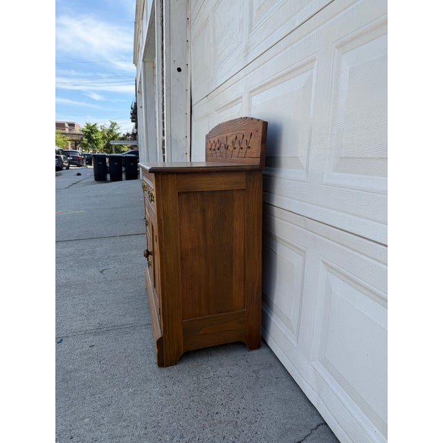 1900 - 1909 Antique Oak Washstand With Carved Backsplash, Cabinet and Brass Hardware For Sale - Image 5 of 12