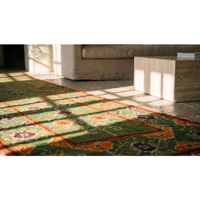 Green 1930s Green Geometric Tribal Hand Knotted Antique Indian Agra Rug 1'10" X 10'9" Wool Carpet For Sale - Image 8 of 8