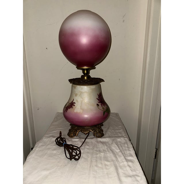Antique Victorian Electrified “GWTW”Oil Lamp With Hand-Painted Floral Double Glass Shades For Sale - Image 10 of 13