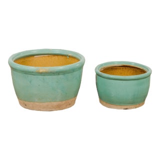 Ocean Blue Glazed Ceramic Round Nested Planters with Tapering Lines - A Pair For Sale