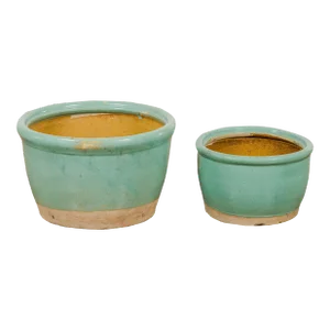 Ocean Blue Glazed Ceramic Round Nested Planters with Tapering Lines - A Pair
