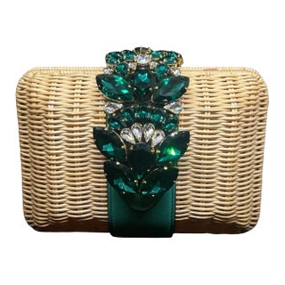 An Amazing Woven Rattan Clutch Bag With Green Crystal Made by Gedebe For Sale