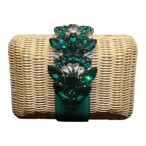 An Amazing Woven Rattan Clutch Bag With Green Crystal Made by Gedebe