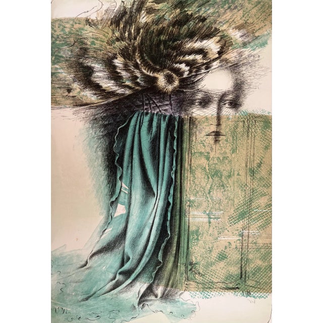 Portraiture Vintage Original Surrealist Lithograph a Woman and Fabrics Signed and Numbered For Sale - Image 3 of 7