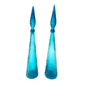 Mid Century Modern Empoli Blue Genie Bottle Decanters, Pair