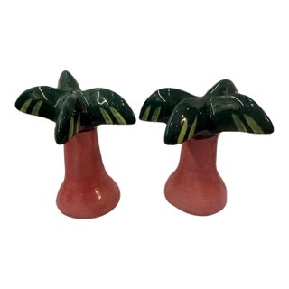Vintage Hand-Painted Ceramic Palm Tree Salt and Pepper Shakers, a Pair For Sale