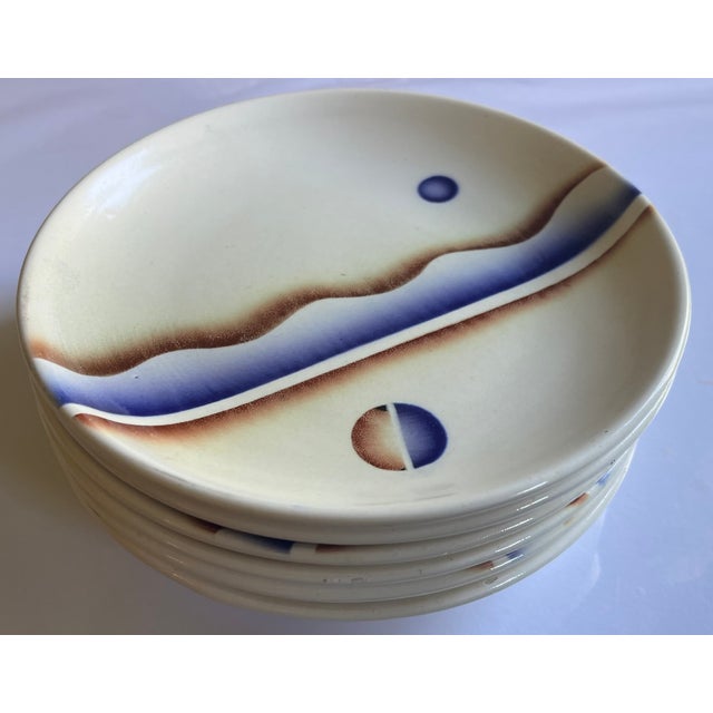 Set of 6 antique 1920's French Art Deco porcelain plates. Decorated with a stylized geometric pattern. Each measures 7...