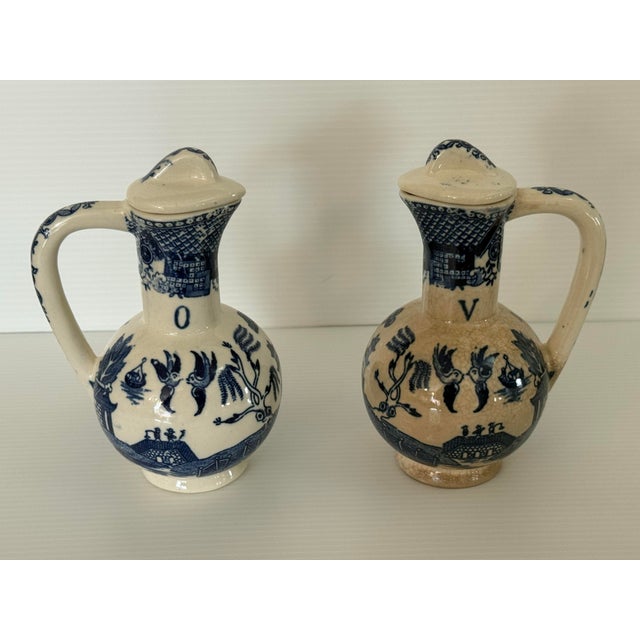 Antique Blue & White Transferware Oil and Vinegar Cruet Set With Original Stoppers, Circa 1900 For Sale - Image 4 of 11