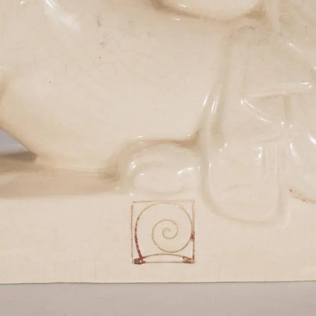 White Art Deco Ceramic Book Ends Featuring Lion and Nude Female Figure For Sale - Image 8 of 11