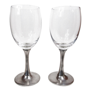 Vintage Wine Glasses With 95% Real Pewter Stems, Pair of 2 Goblets, 7.6 in Tall Clear Bowls, Mid-Century Barware, Industrial Stemware