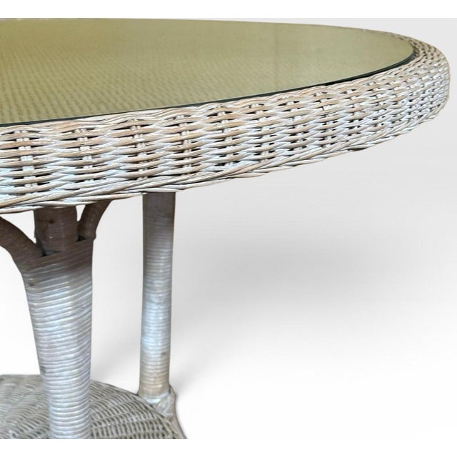 Vintage Coastal White Wicker Round Dining Table With Inset Glass Top For Sale - Image 10 of 18