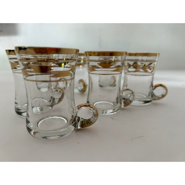 Vintage Midcentury Gold & Clear Leaf Design With small handle Shot Glasses S/7 2"D X 2.5"H