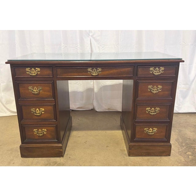 Vintage Sligh Furniture Chippendale Mahogany and Tooled Leather Top Partners Desk With Glass For Sale - Image 12 of 18