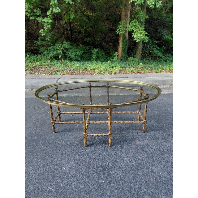 Traditional Vintage Faux Bamboo Oval Coffee Table With Brass Gallery & Glass Top For Sale - Image 3 of 4