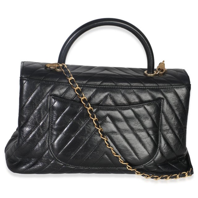 Chanel Black Chevron Aged Calfskin Large Coco Top Handle Bag For Sale - Image 4 of 8
