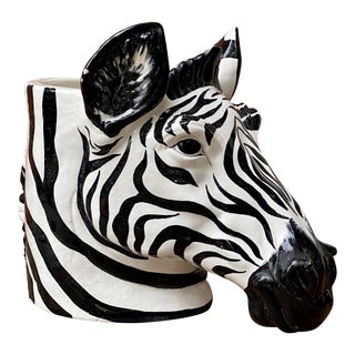 Vintage Italian Ceramic Hand Painted Zebra Cachepot / Planter For Sale