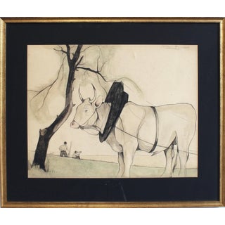 Germaine Hageman, Idyllic Landscape with Ox and Figures, 1940s, Pencil and Gouache on Paper, Framed For Sale