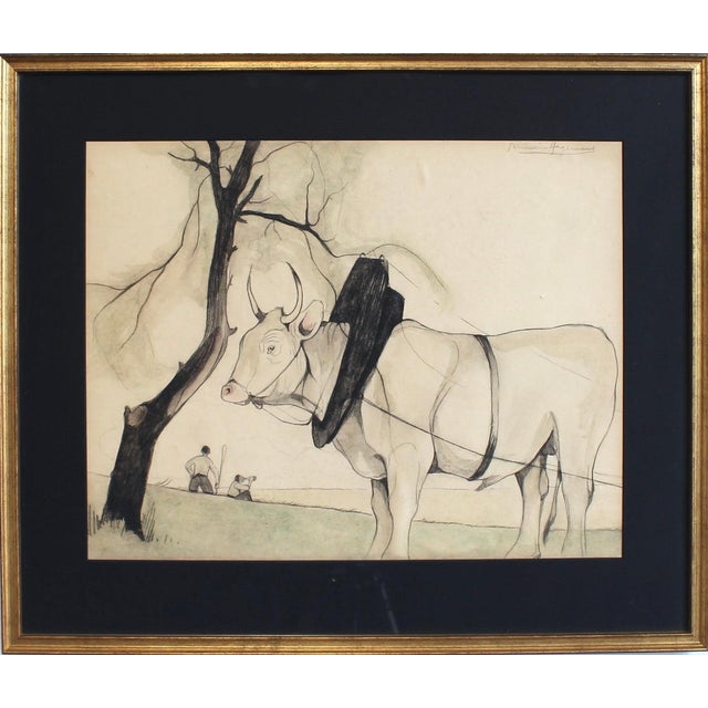 Germaine Hageman, Idyllic Landscape with Ox and Figures, 1940s, Pencil and Gouache on Paper, Framed For Sale