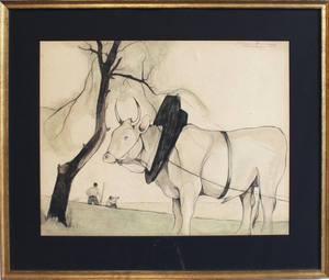 Germaine Hageman, Idyllic Landscape with Ox and Figures, 1940s, Pencil and Gouache on Paper, Framed