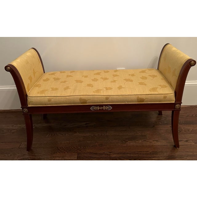 Kindel Furniture Neoclassical Mahogany Upholstered Bench in Gold Fabric