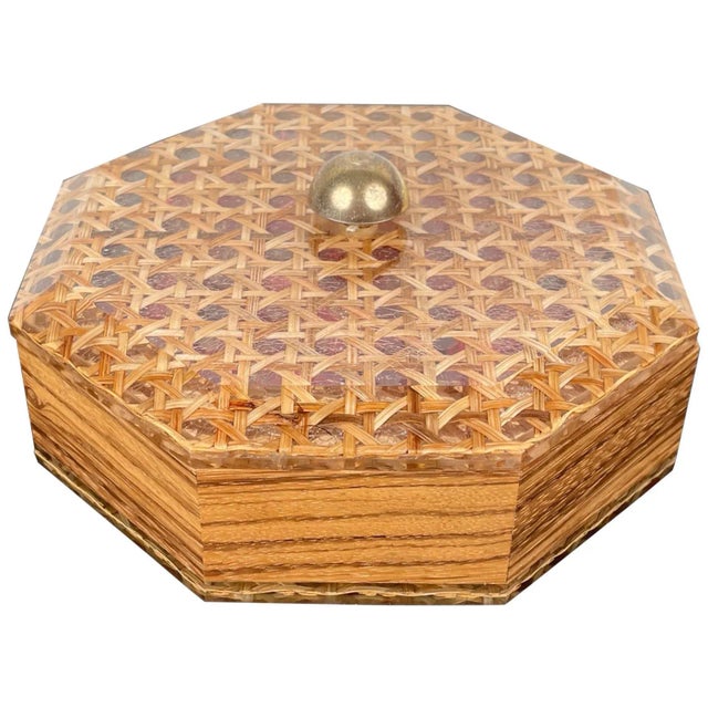 Acrylic Wicker Wood & Brass Octagonal Box by Christian Dior, France, 1970s For Sale - Image 10 of 10