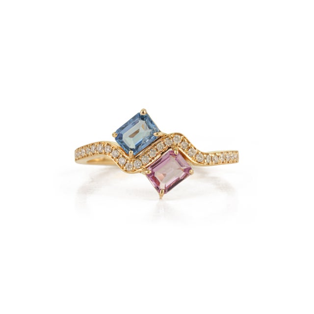 VRJewels 14k Yellow Gold Multi Sapphire & Diamond Toi Et Moi Wave Ring Size 8 For Sale - Image 4 of 16