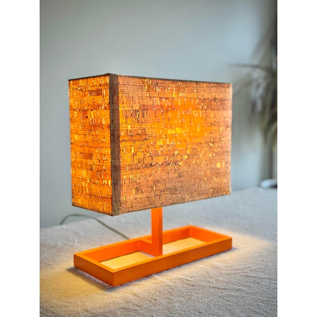 Vintage Italian Postmodern Style Orange Table Lamb With Rectangular Cork Lamp Shade in Style of Memphis Milano Modernist Design For Sale - Image 12 of 12