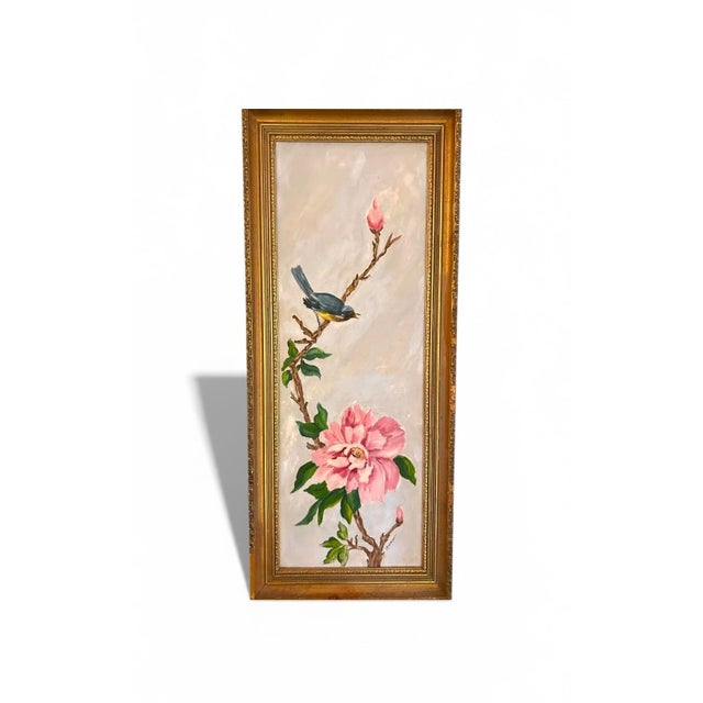 This sweet vintage painting of a blue and yellow bird on the branch of a magnolia (?) tree was painted by M. Rasmussen. It...