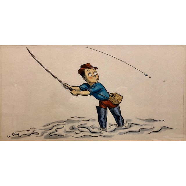 Figurative William Steig (b.1907), Whimsical Fishing Illustration Cartoon 1938 Mt Tremblant Ski Lodge William Steig, 1938 For Sale - Image 3 of 7