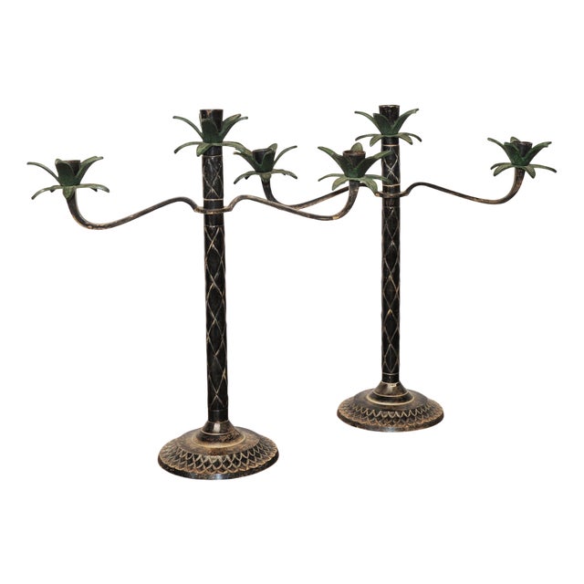 Vintage Scored Metal Palm Tree Candelabras, 1980s, Set of 2 For Sale