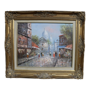 Framed European Village Oil on Canvas