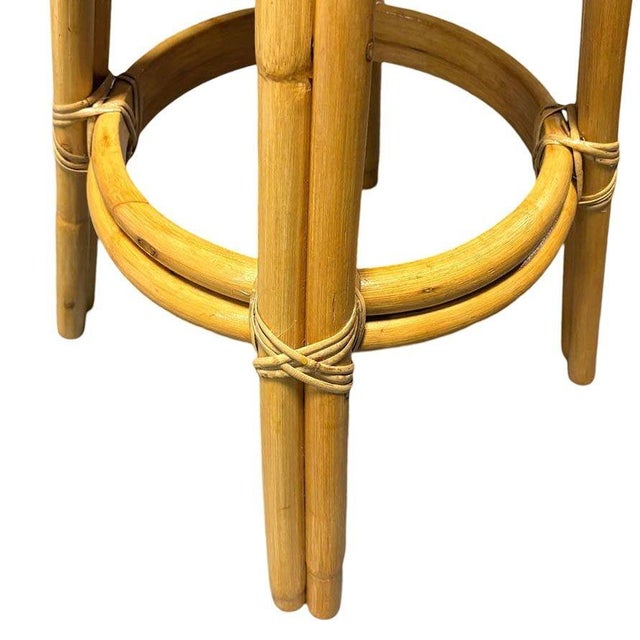 1950s Restored MCM Single Stand Arched Rattan Bar Stool W/ Blue Seat, 8 Available For Sale - Image 5 of 5
