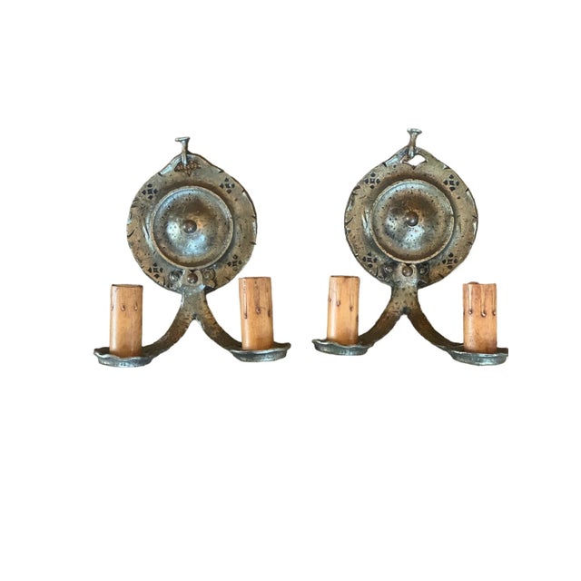 Metal Pair Cast Brass Sconces With Hammering and Tooling Pattern, 1920 For Sale - Image 7 of 7