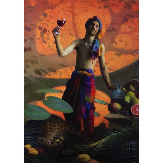 Dionysus: Bringer of Love by Diego Glazer | Oil on canvas Man holding a wine glass with fruits and a leopard. For Sale