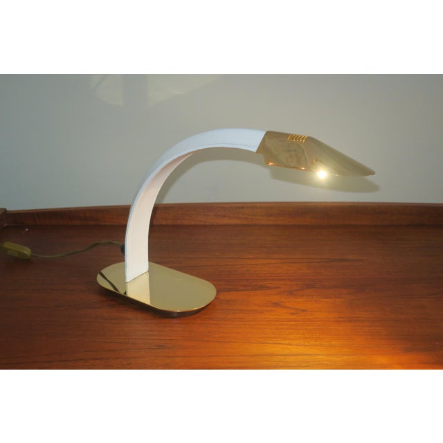 Vintage Italian Inscribed Leather and Gold-Plated Brass Cobra Table Lamp, 1970s For Sale - Image 11 of 12