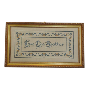 Vintage 1970s Embroidered Handmade Cross Stitch Needlepoint "Love One Another" in Gold Framed Wall Art