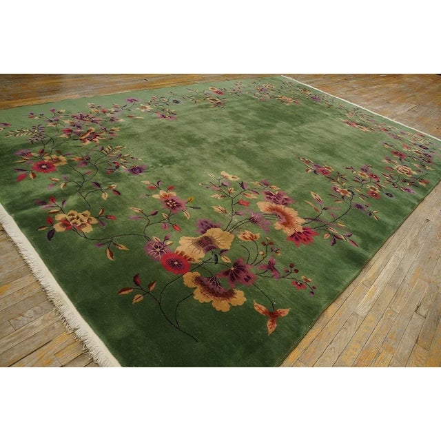 Soothing Green Color Minimalist Open Field and Floral Border Antique Chinese Art Deco Carpet For Sale - Image 4 of 9