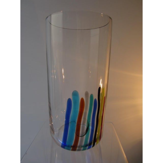 Classic large 39 cm cylindrical Murano glass vase with colorful inclusions and a large air bubble, ground rim, very good...
