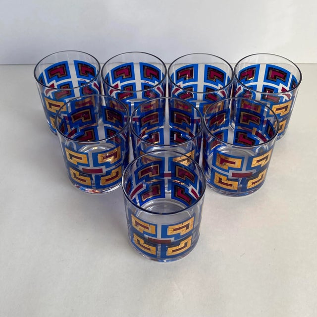 Mid-Century Modern Vintage Berta Barware Greek Key Gold, Blue & Magenta MCM 60s Lowball Glasses - Set of 8 For Sale - Image 3 of 9