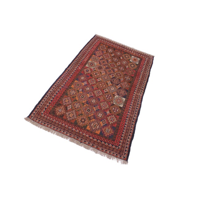 Shabby Chic Tribal Soumak Rust/Green Wool Rug - 4'11'' X 8'3'' For Sale - Image 3 of 10