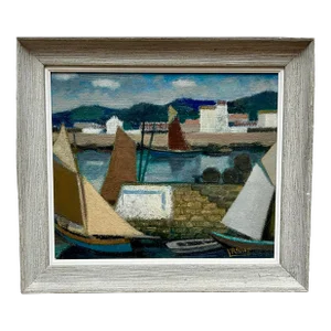 Mid-Century Harbor Scene Oil Painting by Rossat