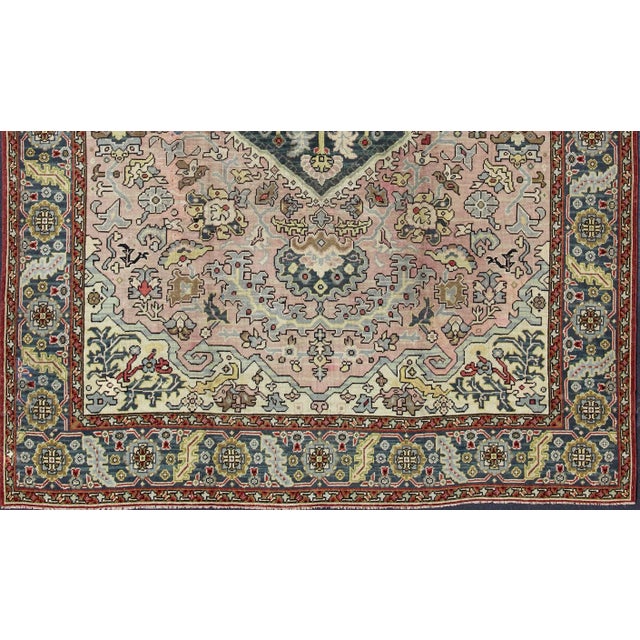 1930s Large Oushak Rug With Floral Design in Pink and Steel Blue For Sale - Image 4 of 13