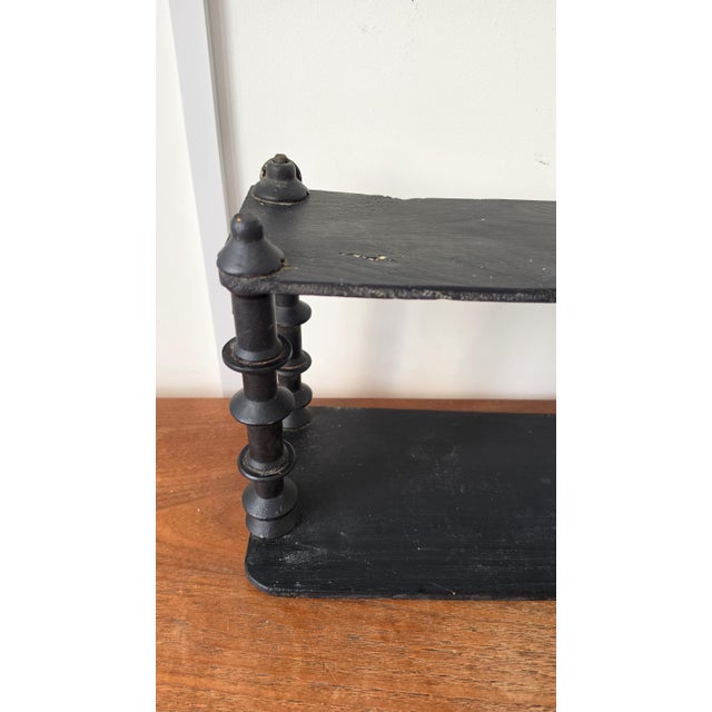 Late 20th Century Vintage Wooden Black Tiered Shelf, Turned Spindle Display Stand, Rustic 2 Tier Wall Shelf, Folk Art Wood Rack, Cottage Decor For Sale - Image 5 of 17