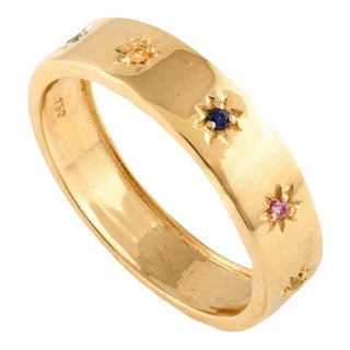Starburst Multi Sapphire Studded Band Ring in 18k Solid Yellow Gold Size 5 For Sale