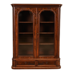 Herter Brothers Style Antique Victorian Burled Walnut Glass Front Bookcase, Circa 1880s