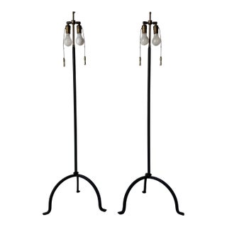 1980s Vintage Metal Tripod Floor Lamps With Double Socket & Brass Pull Chains – A Pair For Sale