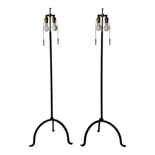 1980s Vintage Metal Tripod Floor Lamps With Double Socket & Brass Pull Chains – A Pair/ Sold For Sale