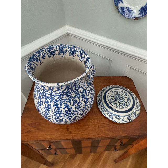 Antique Spongeware Very Large Blue & White Covered Vessel/Crock and Bowl For Sale - Image 4 of 10