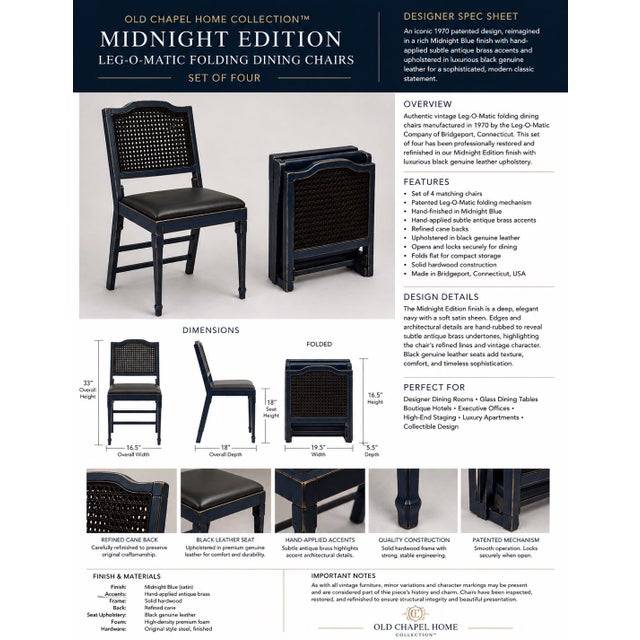 Mid-Century Modern Old Chapel Midnight Edition™ Leg-O-Matic Folding Dining Chairs, Set of 4 – Black Leather Designer Collection 1970s For Sale - Image 3 of 4