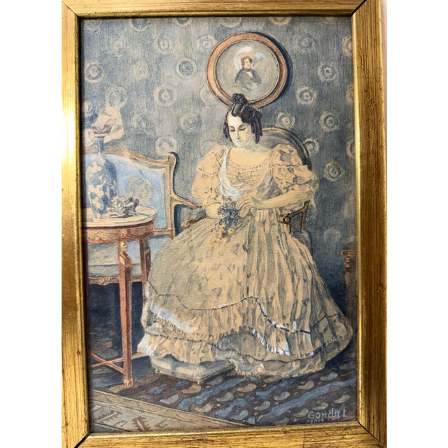 This antique 1917 Victorian original watercolor of a lady with flowers by artist Gondal is a unique and one of a kind...